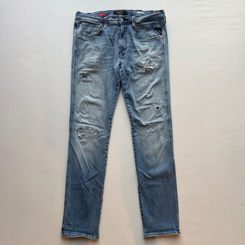 Replay Anbass Jeans Mens 34x32 Slim Distressed Hyperflex Light Wash Blue Denim